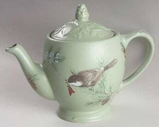Pfaltzgraff Winterwood (Green) Teapot & Lid, Fine China Dinnerware   Green Backg