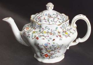 Spode Shanghai Teapot & Lid, Fine China Dinnerware   Insects, Flowers, Scalloped