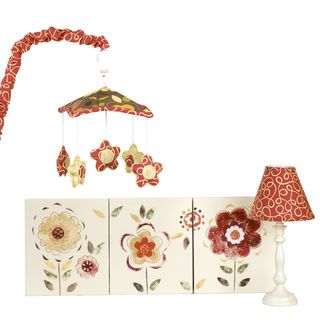 Cotton Tale Peggy Sue Decor Kit (Red/yellow/brown/greenPattern Peggy SueSet includes Wall art, mobile, standard lampHand painted on natural canvasLamp requires one (1) 60 watt bulb maximum (not included) Wind up mobile plays Brahms LullabyMaterials Pol