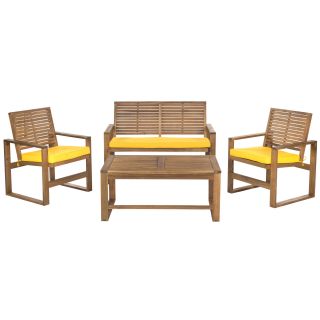 Safavieh Outdoor Living Ozark Brown/ Yellow Acacia 4 piece Patio Set (Brown with yellow fabricMaterials Acacia Wood and Polyester FabricFinish Natural BrownCushions included YesWeather resistant YesUV protection Yes  Arm Chair 33.5 inches tall x 24.