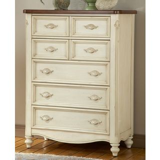 Crescent Manor 5 drawer Chest (Mahogany solids and veneersFinish Vintage antique white with brown topDrawers are a spacious 14.5 inches front to backDimensions 54 inches high x 40 inches wide x 19.5 inches deepFluted pilasters with intricate shell carvi