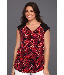 Calvin Klein Plus Size Layered Chevron Drawcord Cowl Neck Womens Blouse (Red)