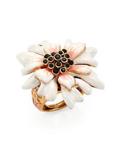 Oscar de la Renta Crystal Adorned Floral Statement Ring   Gold White