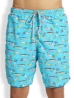  Collection Fish & Diver Print Swim Trunks   Teal Blue