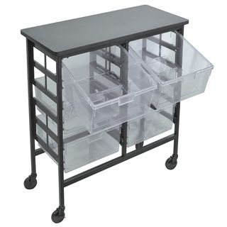 Offex Mobile Rolling Cart With Two Column Certwood Bin System (Black, clearMaterials Metal, polystyreneFinish Wood laminate (work surface)Dimensions 44.75 inches high x 31 inches wide x 19.25 inches deepDrawer dimensions 12.25 inches wide x 16.25 inch