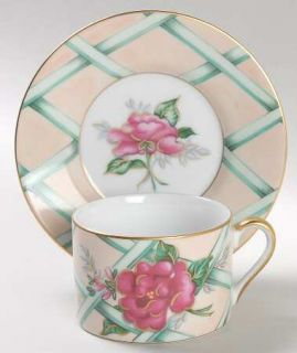 Fitz & Floyd Floral Treillage (Tan) Flat Cup & Saucer Set, Fine China Dinnerware