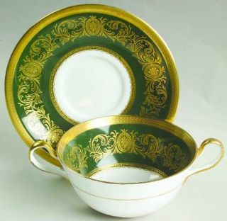 John Aynsley Imperial Laurel Green Footed Cream Soup Bowl & Saucer Set, Fine Chi