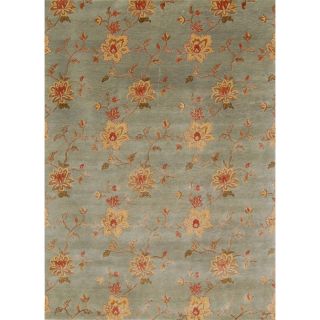 Hand knotted Floral Sea Blue Wool/ Art silk Rug (56 X 86)