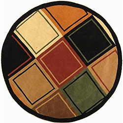 Handmade Deco Squares Multi/ Black N. Z. Wool Rug (59 Round)