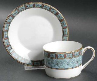 Wedgwood Byzantium Flat Cup & Saucer Set, Fine China Dinnerware   Green, Rust De