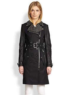Burberry Brit Studded Collar Leather Sleeve Trenchcoat   Black