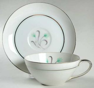Jyoto Corinne Flat Cup & Saucer Set, Fine China Dinnerware   Green Flowers,Plati