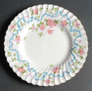 Minton Montrose Luncheon Plate, Fine China Dinnerware   Blue Ribbon, Pink Flower