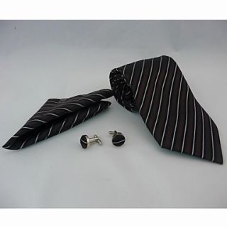 Fashion Mens Casual Stripe Coffee Necktie Cufflinks Kerchief Set(Width10CM)