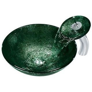 Green RoundTempered Glass Vessel Sink with Waterfall Faucet ,Pop   Up drain and Mounting Ring