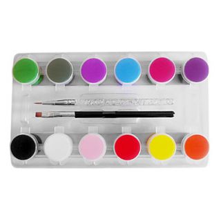 12 Color 3D Acrylic Nail Art Painting Pigment Kits with 2PCS Acrylic Pen Brush