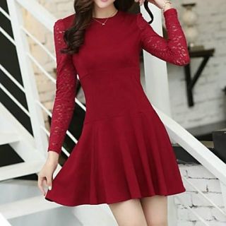 Womens Lace Stitching Long Sleeve Dress