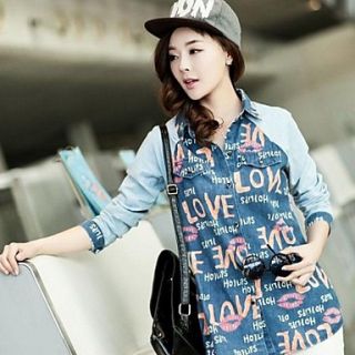 Womens Denim Patchwork Letters Lips Print Long Sleeves Casual Shirts