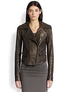 Donna Karan Leather Moto Jacket   Bark