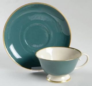Flintridge California Teal Green Footed Cup & Saucer Set, Fine China Dinnerware