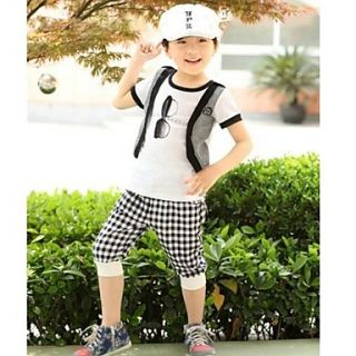 Boys Glasses Grid Fake Two Piece T shirt Short Sleeve 2 Pieces Clothing Set