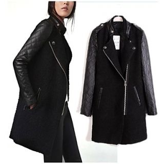 Women Winter Long Sleeve Pu Leather Splice Patchwork Wool Zipper Coat Outwear
