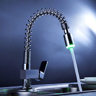 Brass Single Handle Pull Down Kitchen Faucet with Color Changing LED Light   Spring