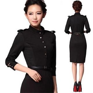 Womens New Fashion Elegant Stand Collar Black Half Sleeve Knee length Dress with Belt