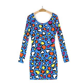 Lishang Womens Colorful Leopard Print Long Sleeve Dress(Blue)