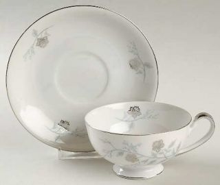 Arlen Platina Footed Cup & Saucer Set, Fine China Dinnerware   Platinum Flowers,