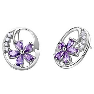 Elegant Silver Plated Silver With Purple Cubic Zirconia Flower Womens Earring