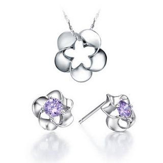 Sweet Silver Plated Purple Cubic Zirconia Pierced Flower Womens Jewelry Set(Necklace,Earrings)