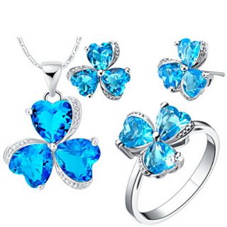 Shining Silver Plated Cubic Zirconia Clover Womens Jewelry Set(Necklace,Earrings,Ring)(Blue,Red,Purple)