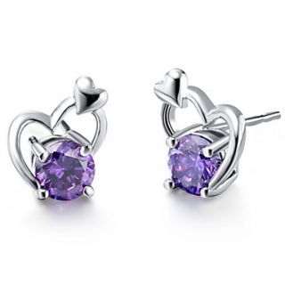 Sweet Silver Plated Silver With Purple Cubic Zirconia Heart Womens Earring