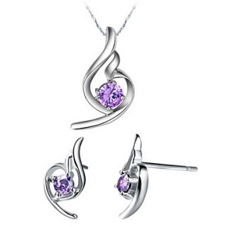 European Silver Plated Silver With Cubic Zirconia Wing Shaped Womens Jewelry Set(Including Necklace,Earrings)(White,Purple)