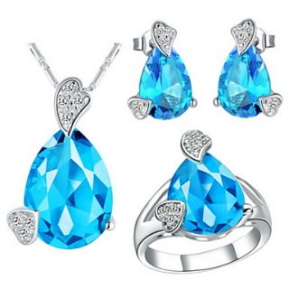 Charming Silver Plated Cubic Zirconia Drop With Heart Womens Jewelry Set(Necklace,Earrings,Ring)(Blue,Red,Purple)