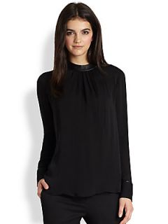 Theory Kyna Double Leather Trimmed Silk Blouse   Black