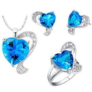 Fashion Silver Plated Cubic Zirconia Heart Womens Jewelry Set(Necklace,Earrings,Ring)