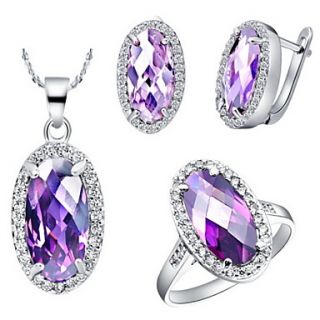 Charming Silver Plated Cubic Zirconia Oval Womens Jewelry Set(Necklace,Earrings,Ring)(Red,Purple)