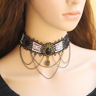 Handmade Retro Style Court Lady Black Lace Gothic Lolita Necklace with Black Gemstone
