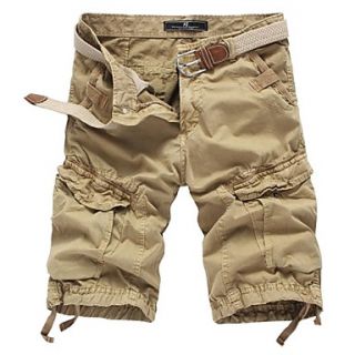 Mens Solid Color Multi Pocket Straight Shorts(without Belt) 3610 Khaki