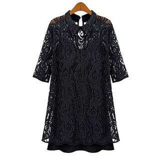 WeiMeiJia Womens Fashion Lapel 1/2 Sleeve Lace Dress(Black)