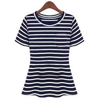 Womens Round Slim Stripe Summer Short Sleeve Stiching T shirt