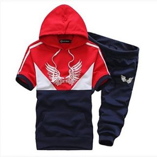 Mens Sports Casual Short Sleeve Splicing Hoodie Suits