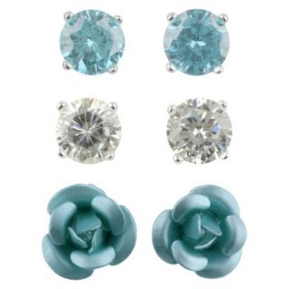 Womens Button Earrings Set of 3 with Glass, Rose and Ball   Silver/Blue
