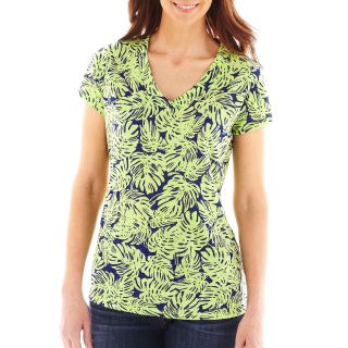 LIZ CLAIBORNE Short Sleeve Palm Print Tee, Green, Womens