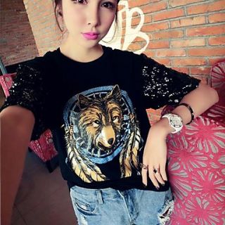 Womens Korean Style Manual Beads Wolf Sequin Loose T Shirt