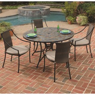 Stone Harbor Slate/ Black 5 piece Outdoor Dining Set (Slate/blackMaterials Slate/powder coated steel/synthetic weave seatsFinish BlackCushions included Yes, taupeWeather resistant YesUV protectionTop features a center opening for an umbrella or can be