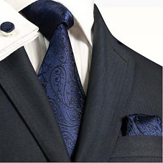 Mens Landisun Navy Blue Paisleys Silk Tie Set Tie Hanky Cufflinks Landisun Exclusive