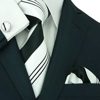 Mens Landisun Black White Stripe Silk Tie Set Tie Hanky Cufflinks Landisun Exclusive